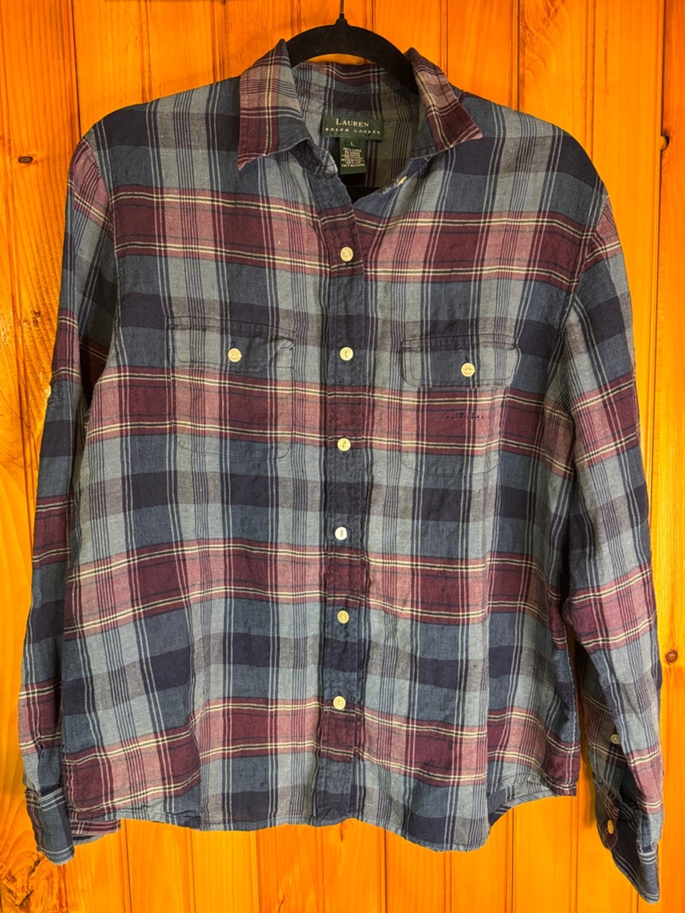 Lauren Ralph Lauren 100% Linen Navy and Burgundy Plaid Button-Down Shirt